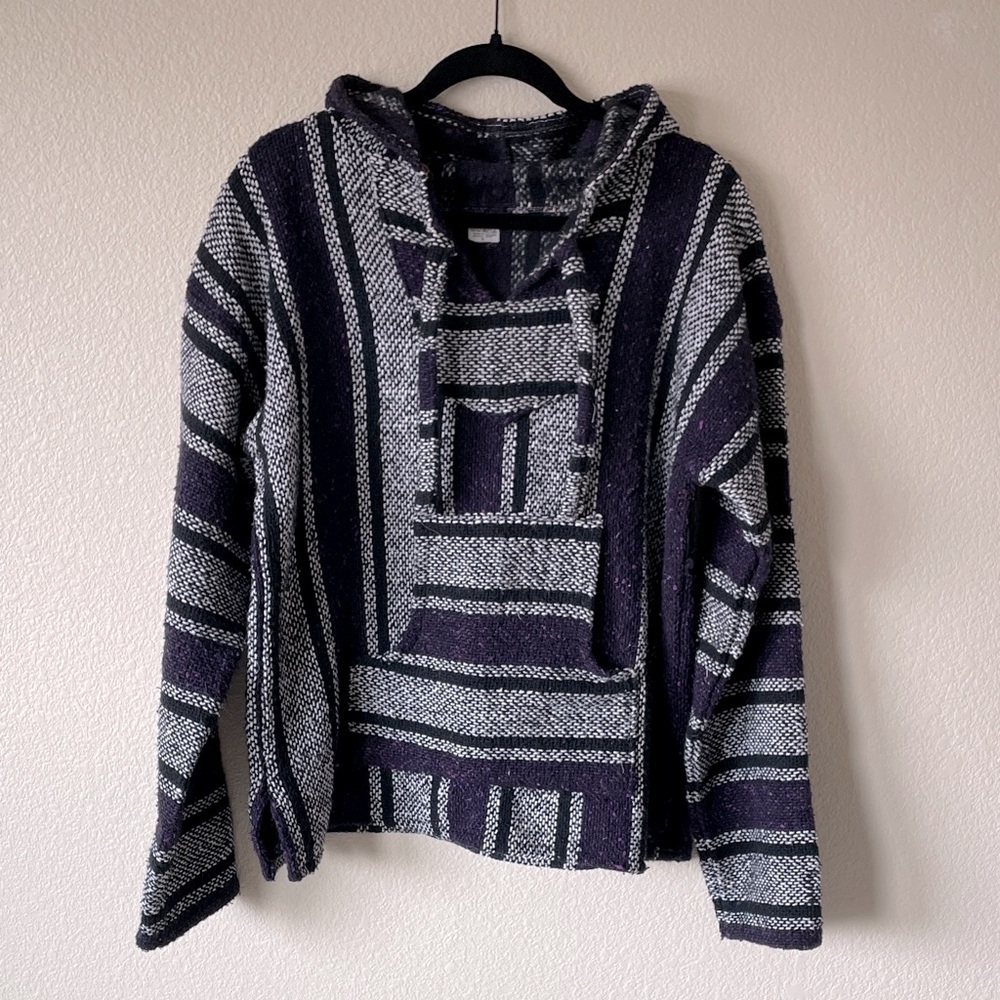 Baja Hoodie Sweater Boho Thick Knit Textured Pullover M Stripe Grunge Cozycore